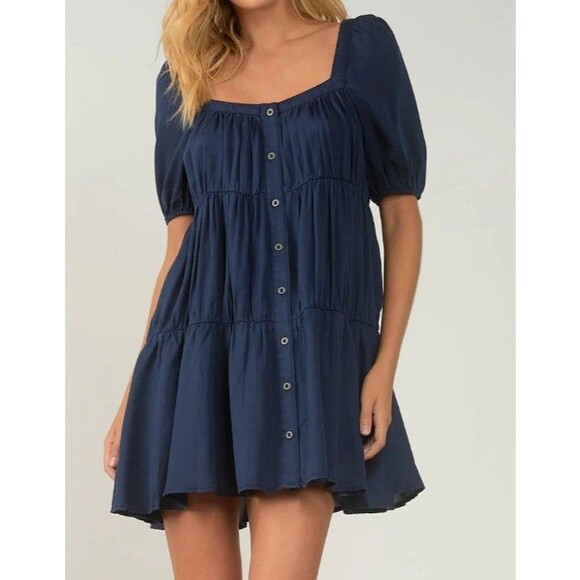 Elan Designer Navy NWT Blue Puff Sleeve Baby Doll Dress Womans Small Square Neck